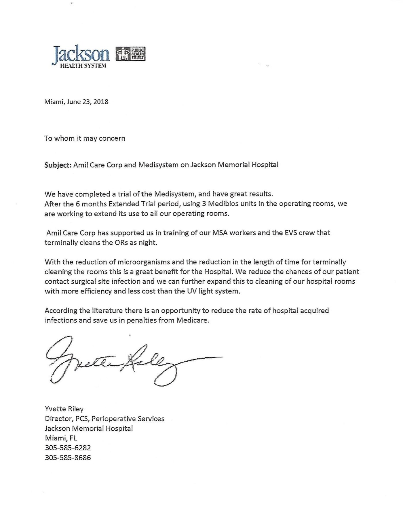 Carta de referencia del Jackson Memorial Hospital para tecnología Medisystem H2O2, firmada por Yvette Riley, 23 junio 2018